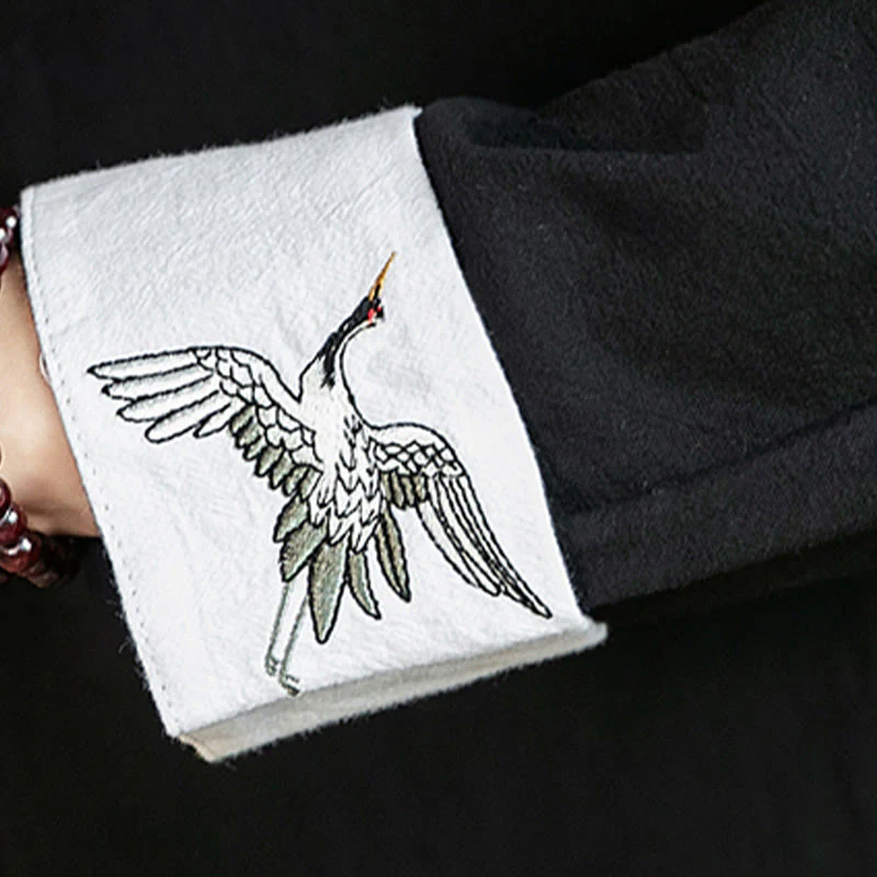 Buddha Stones Tang Suit Frog-Button Crane Embroidery Long Sleeve Cotton Men's Shirt