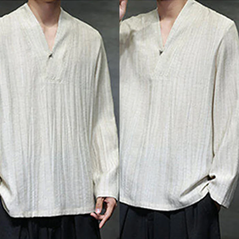 Buddha Stones Plain V-Neck Long Sleeve Men's Linen Shirt