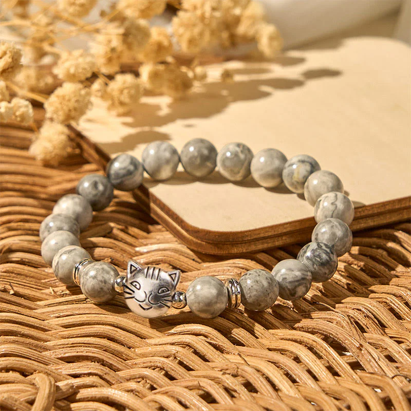Buddha Stones Cute Cat Natural Grey Jasper Bead Healing Bracelet