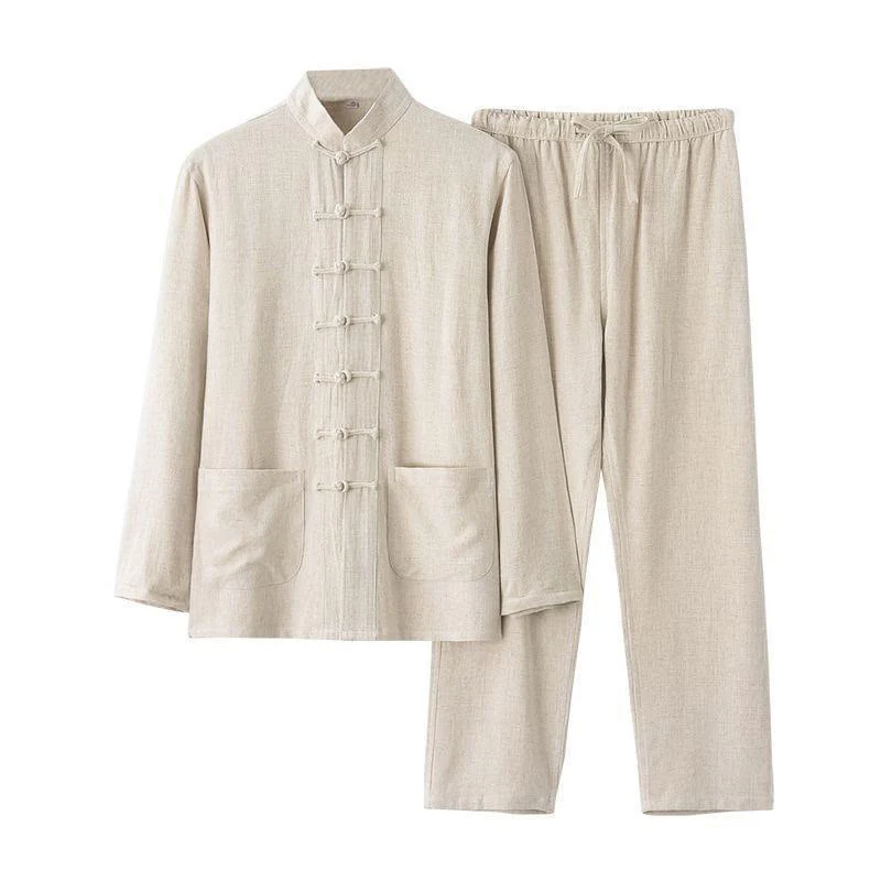 Buddha Stones 2Pcs Tang Suit Frog-Button Long Sleeve Shirt Pants Linen Cotton Men's Set