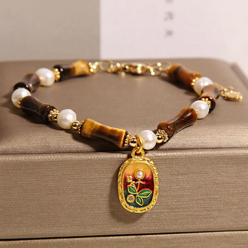 Buddha Stones Natural Bamboo Tiger Eye Pearl Strength Bracelet