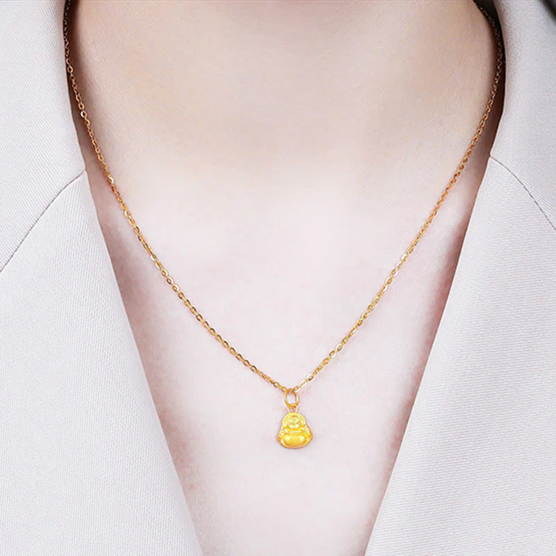 Buddha Stones 999 Gold Mini Laughing Buddha Luck Wealth Necklace Pendant