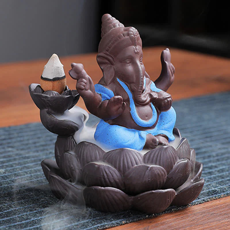 Buddha Stones Ganesh Elephant Purple Clay Backflow Smoke Fountain Protection Incense Burner