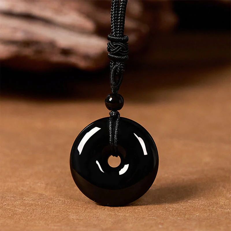 Buddha Stones Natural Black Obsidian Peace Buckle Strength Rope Necklace Pendant
