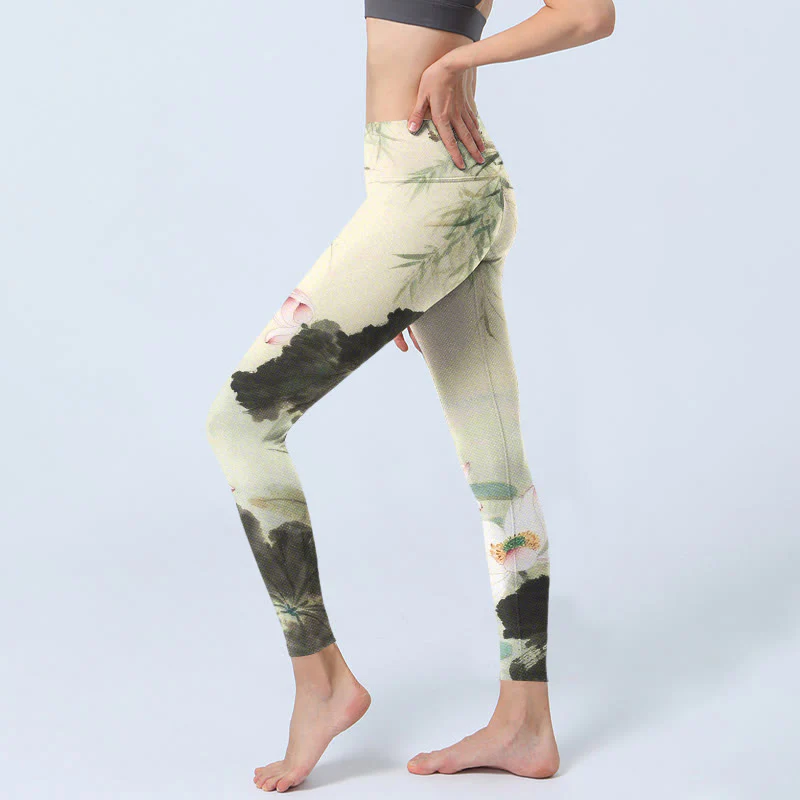 Buddha Stones Willow Leaves Lotus Pond Pattern Print Gym Leggings Women's Yoga Pants