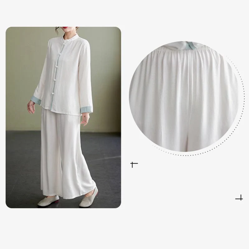 Buddha Stones 2Pcs Tang Suit Long Sleeve Shirt Top Pants Meditation Zen Tai Chi Cotton Linen Clothing Women's Set