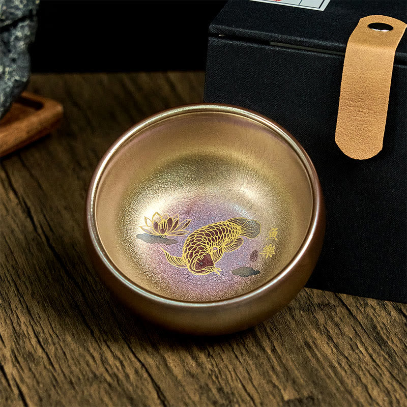 Buddha Stones Handmade Chinese Jianzhan Koi Fish Lotus Leaf Ceramic Teacup Kung Fu Tea Cup 150ml