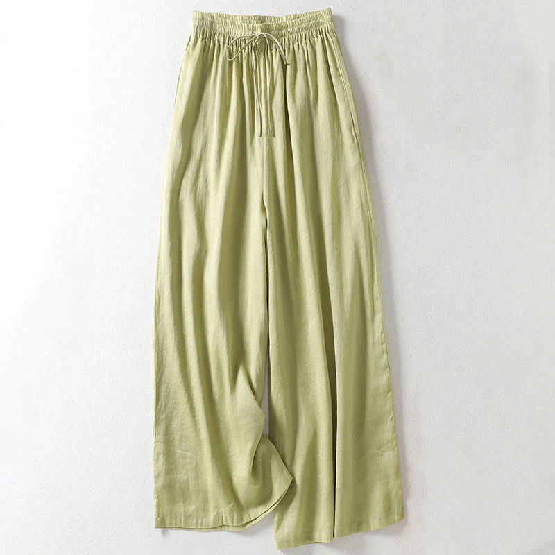 Buddha Stones Casual Drawstring Cotton Linen Ankle-Length Women's Wide Leg Pants With Pockets
