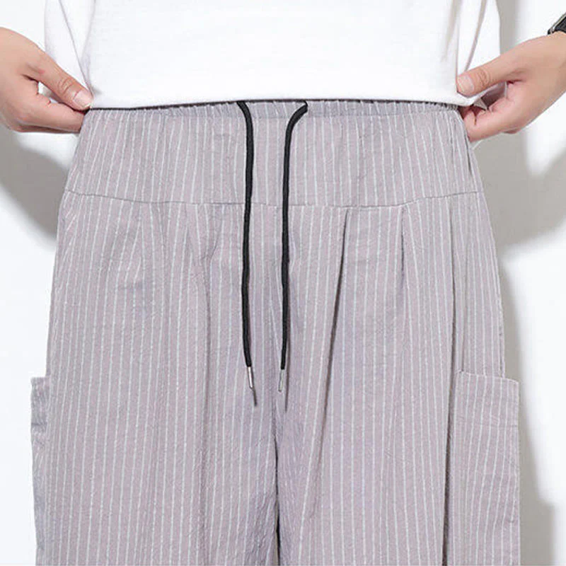 Buddha Stones Casual Striped Men's Cotton 7-8 Length Harem Pants With Pockets