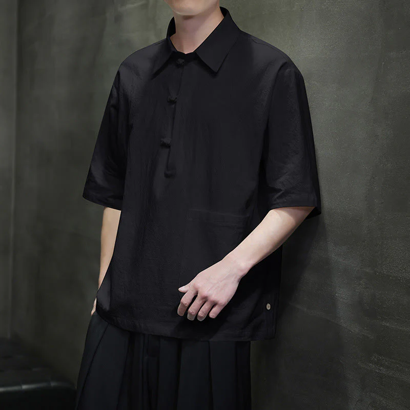 Buddha Stones Commute Plain Half Buttons Design Men's Cotton Linen Shirt With Pocket