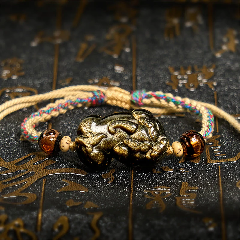 Buddha Stones Gold Sheen Obsidian PiXiu Wealth Rope Bracelet