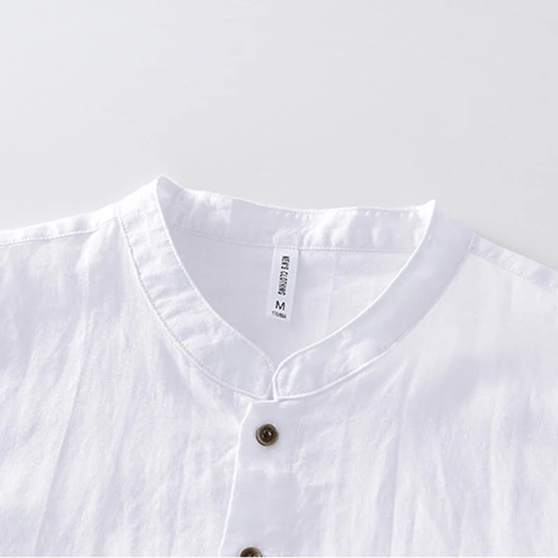 Buddha Stones Summer Buttons Short Sleeve Ramie Linen Cotton Men's Shirt