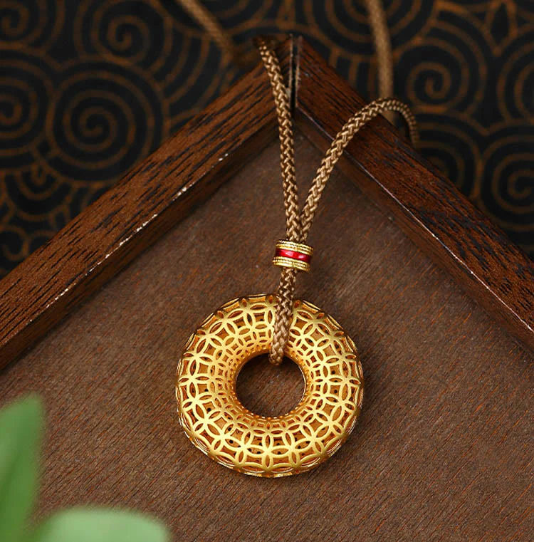 Buddha Stones Copper Coin Pattern Peace Buckle Copper Auspicious Necklace Pendant