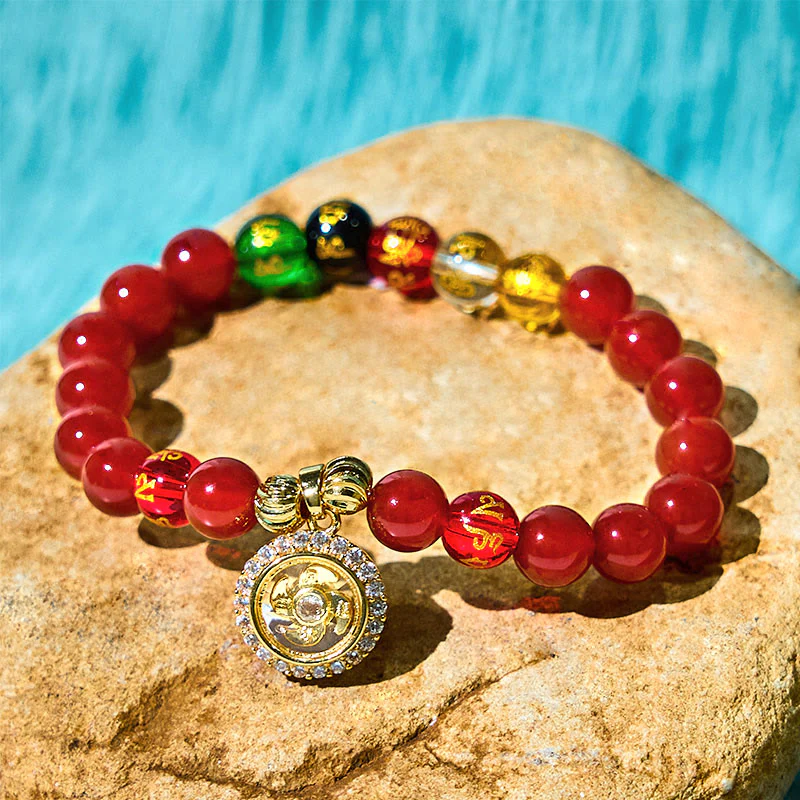 Buddha Stones Red Agate Om Mani Padme Hum Five Directions Gods of Wealth Zircon Cyclone Charm Self-acceptance Bracelet