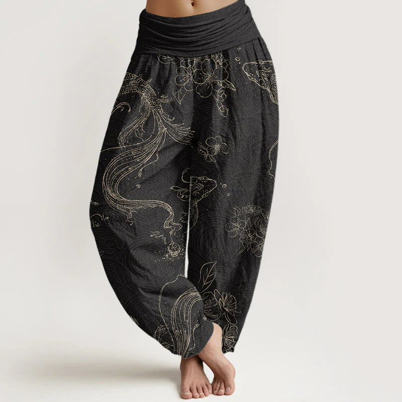 Buddha Stones Koi Fish Floral Pattern Women's Elastic Waist Harem Pants