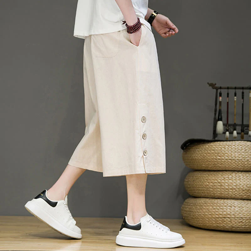 Buddha Stones Casual Plain Side Button Design Drawstring Men's Cotton Cropped Pants With Pockets