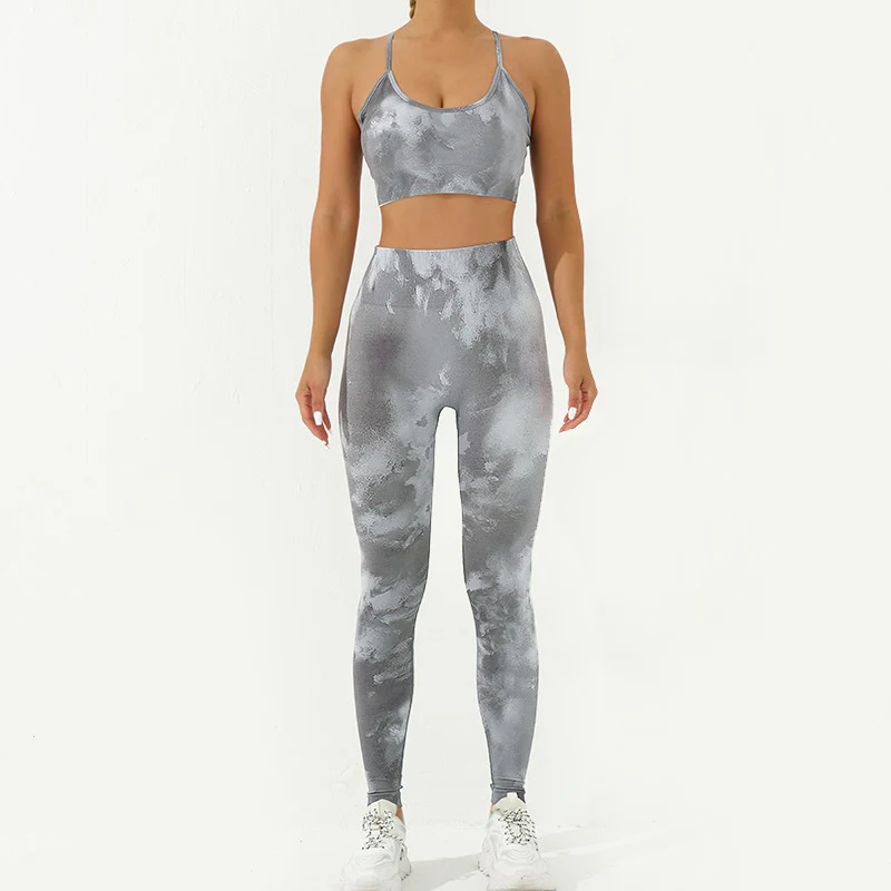 Buddha Stones 2Pcs Camo Print Backless Criss-Cross Strap Top Bra Shorts Leggings Pants Fitness Yoga Outfit Set