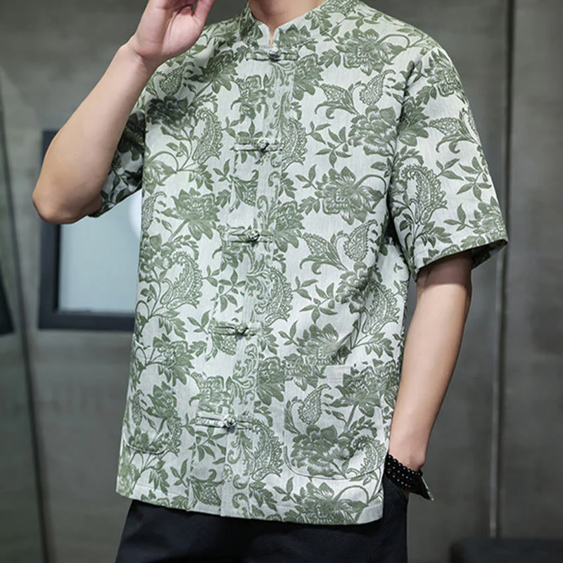 Buddha Stones Casual Jacquard Paisley Flower Plant Pattern Frog-Button Design Men's Cotton Shirt Cardigan With Pockets