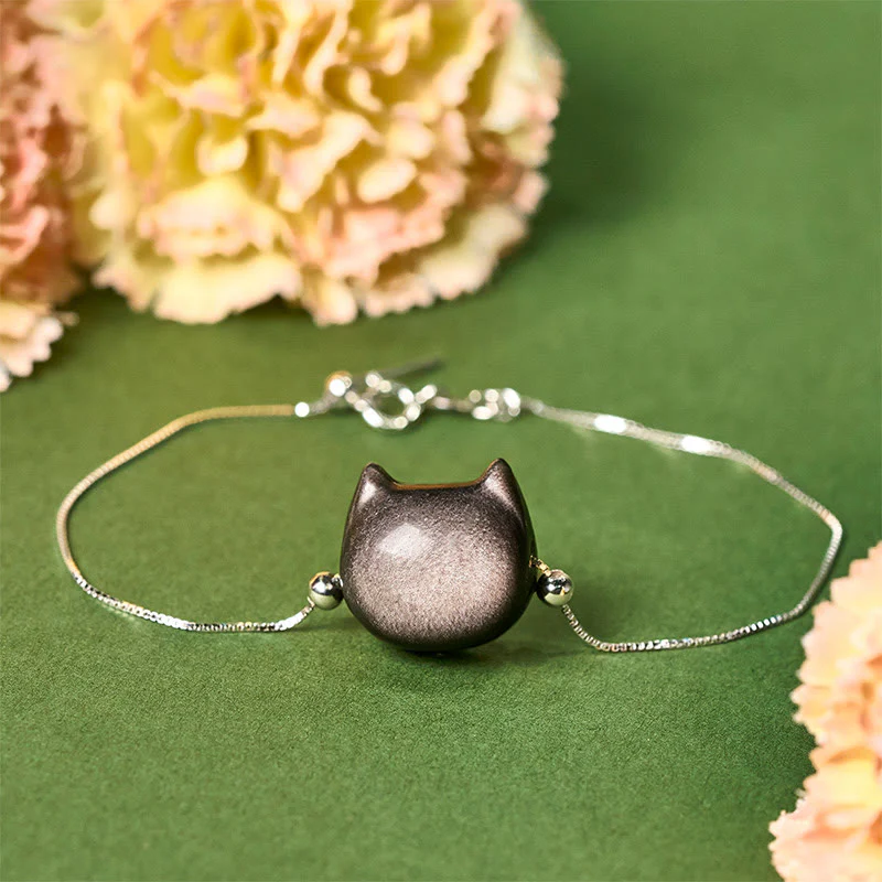 Buddha Stones 925 Sterling Silver Silver Sheen Obsidian Gold Sheen Obsidian Cat Soothing Bracelet