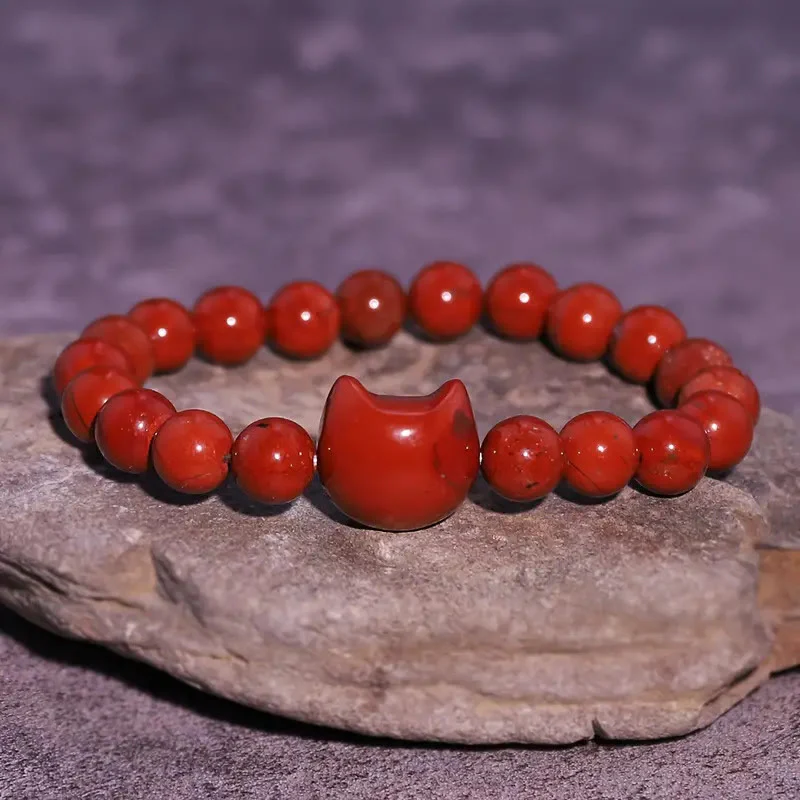 Buddha Stones Faceless Cat Head Design Red Turquoise Luck Bracelet