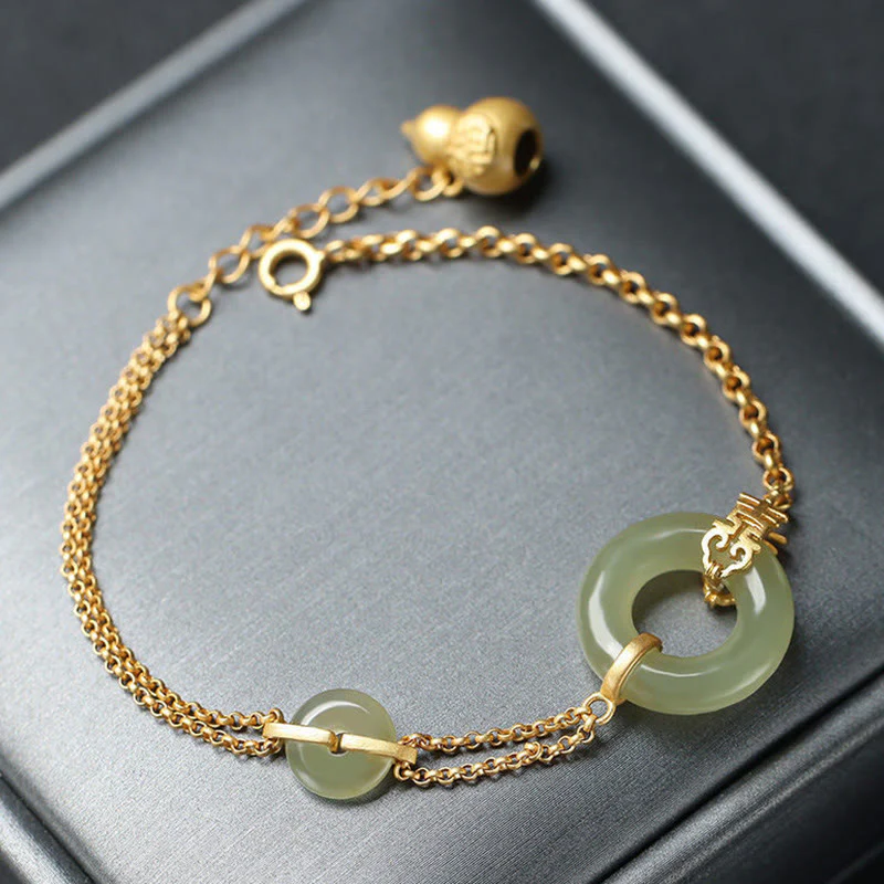 Buddha Stones Round Jade Peace Buckle Gourd Fu Character Auspicious Prosperity Chain Bracelet