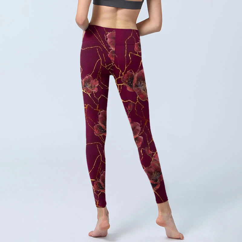 Buddha Stones Red Petals Golden Lines Pattern Print Gym Leggings Women's Yoga Pants