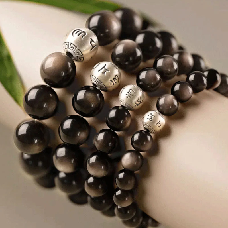 Buddha Stones Natural Silver Sheen Obsidian Om Mani Padme Hum Protection Bracelet