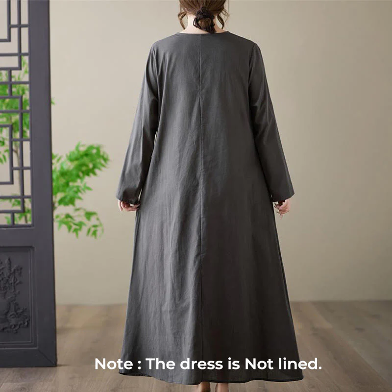 Buddha Stones Casual Plain Crew Neck Cotton Linen Midi Dress With Pockets