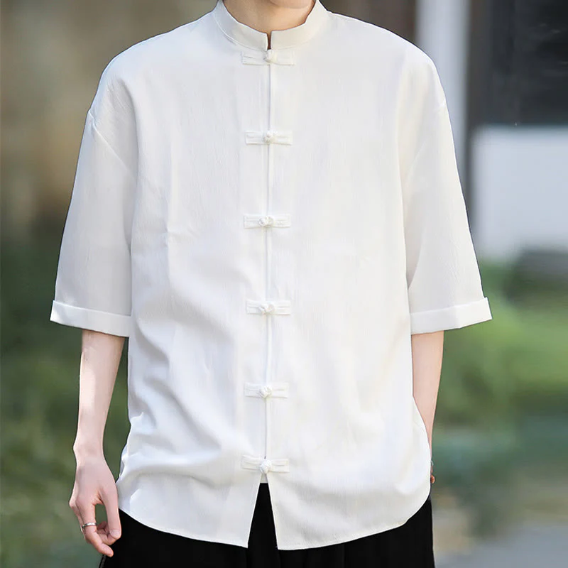 Buddha Stones Plain Tang Suit Frog-Button Design Men's Half Sleeve Shirt