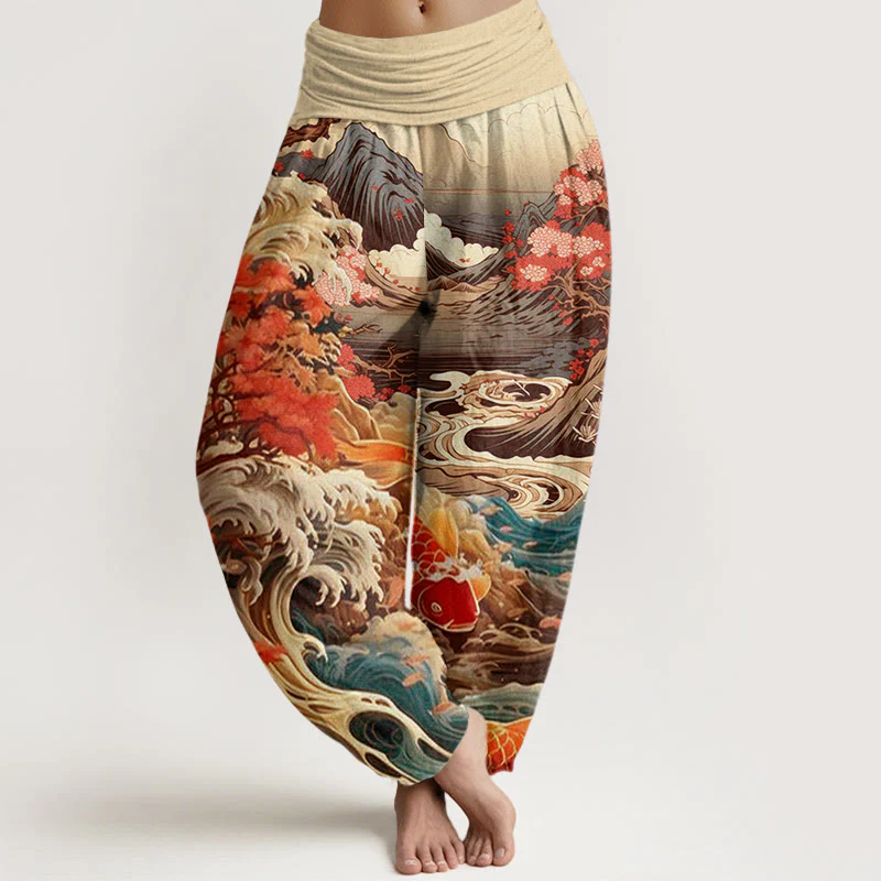 Buddha Stones Casual Blossoming Tree Koi Fish Wave Mountain Pattern Women's Elastic Waist Harem Pants