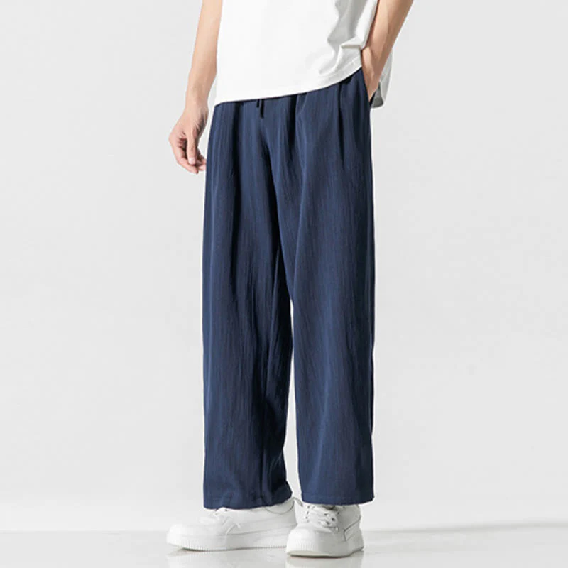 Buddha Stones Summer Casual Plain Straight Leg Design Men's Cotton Linen Drawstring Pants With Pockets