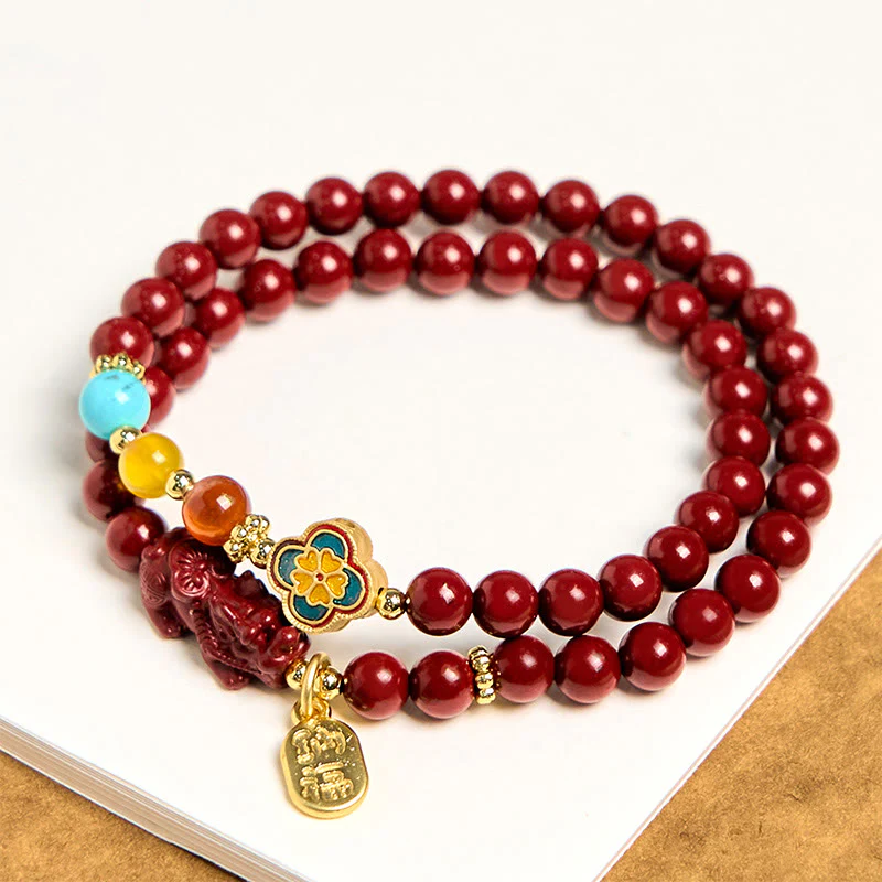 Buddha Stones Cinnabar PiXiu Fu Character Blessing Double Wrap Bracelet