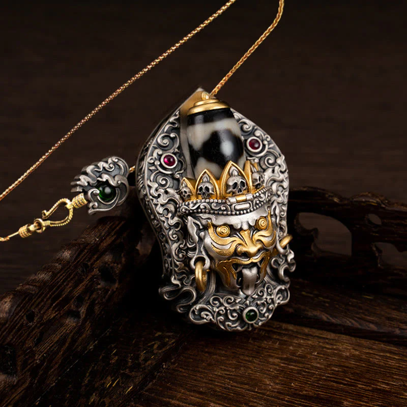 Buddha Stones 925 Sterling Silver Tibetan Zakiram Goddess of Wealth Dzi Bead Protection Necklace Pendant