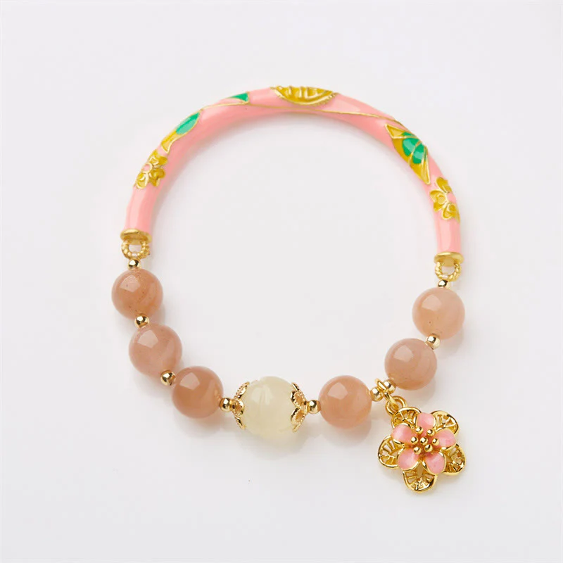 Buddha Stones Natural Sun Stone Golden Silk Jade Flower Charm Wealth Bracelet Bangle