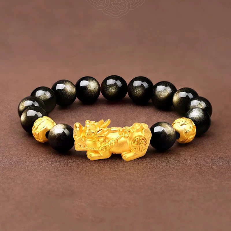 Buddha Stones Natural Gold Sheen Obsidian PiXiu Om Mani Padme Hum Wealth Bracelet