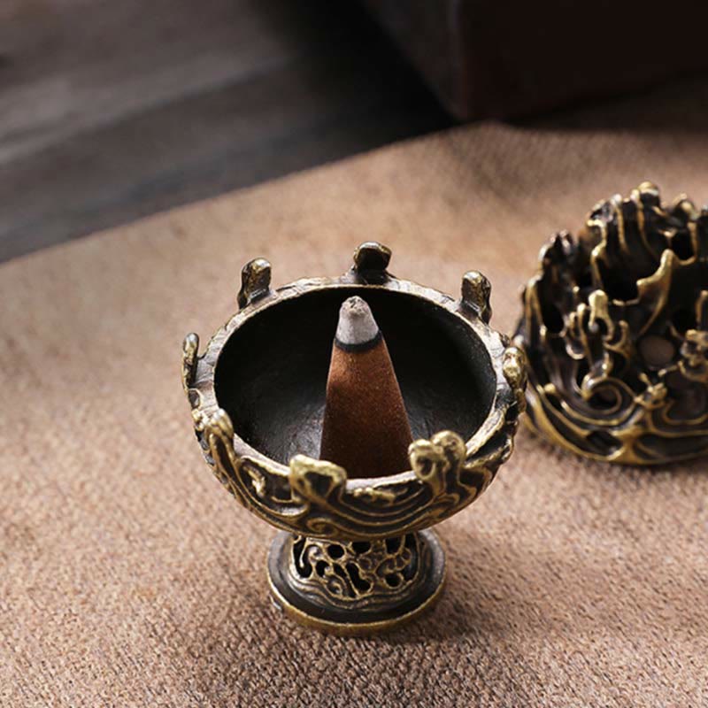 Buddha Stones Tibetan Mini Mountain Pattern Meditation Copper Alloy Incense Burner
