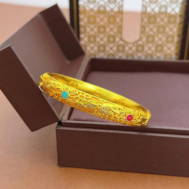 Buddha Stones Copper Plated Gold Flowers Leaves Luck Bracelet Bangle