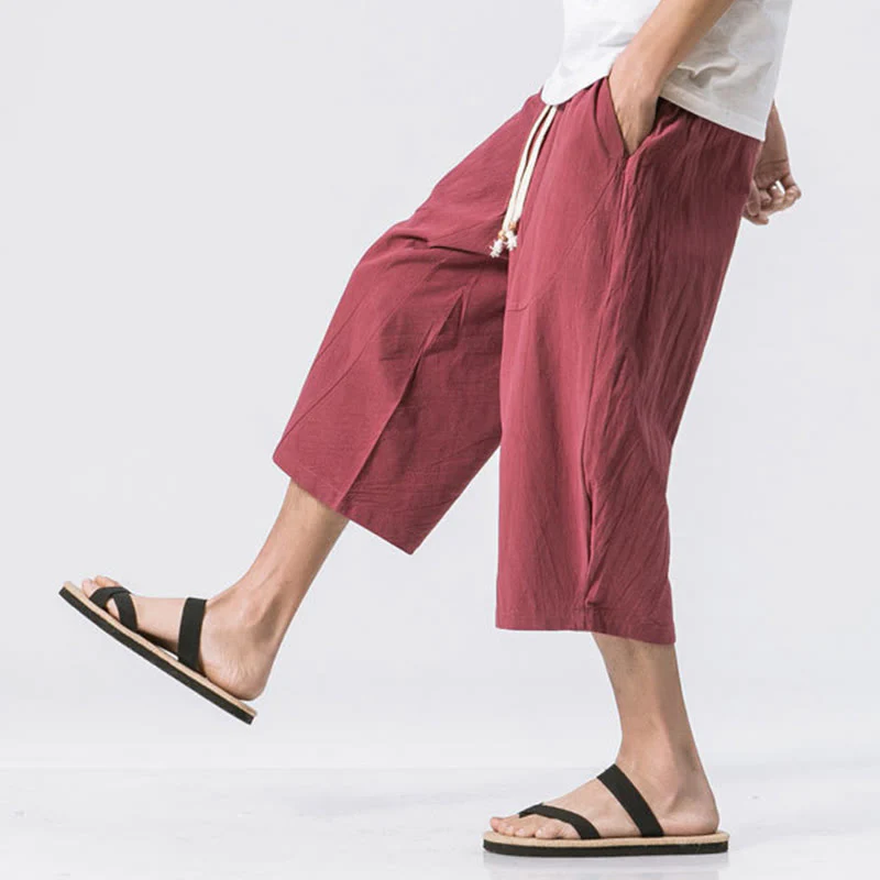Buddha Stones Summer Casual Simple Plain Design 7-8 Length Men's Cotton Linen Drawstring Pants With Pockets