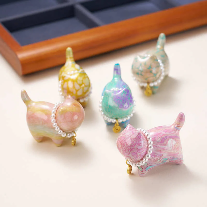 Buddha Stones Sandalwood Lucky Mini Cat Lacquer Craft Healing Decoration Random Color(Blind Box)