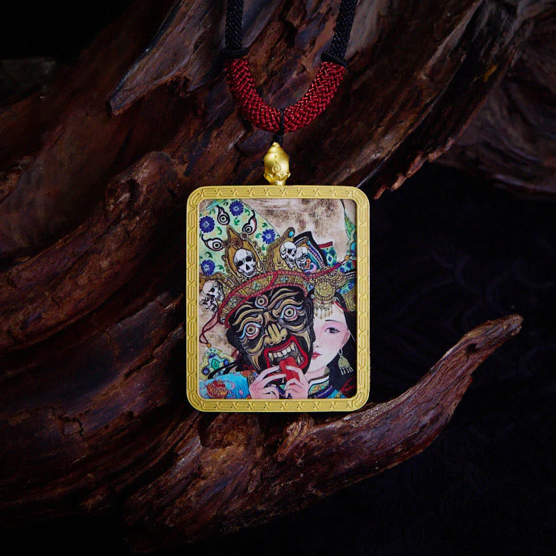 Buddha Stones Tibetan Zakiram Nine Tailed Fox Yellow God of Wealth Painted Thangka Hope Necklace Pendant