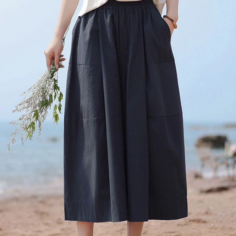 Buddha Stones Casual Plain Cotton High Waist Women's Wide Leg Capri Cropped Pants With Pockets