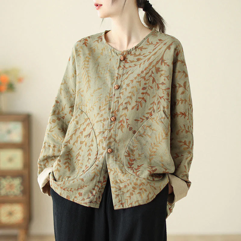 Buddha Stones Leaf Print Women's Cotton Linen Jacket With Pockets