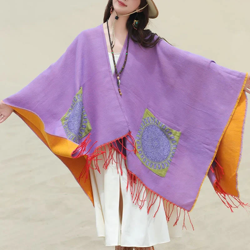 Buddha Stones Tibetan Geometric Round Mandala Pattern Tassels Shawl Fall Winter Cozy Scarf Wrap With Pockets