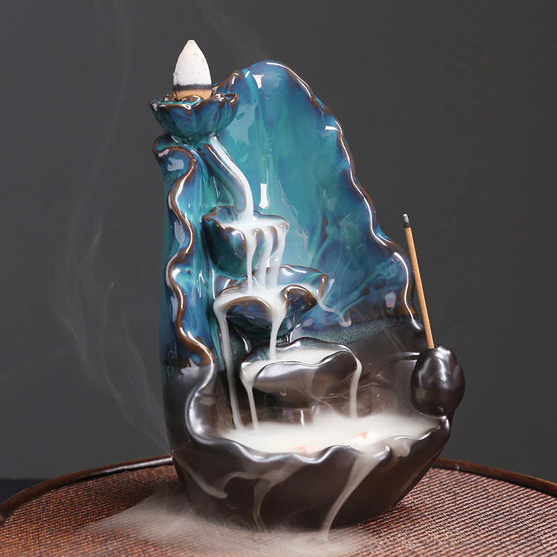 Buddha Stones Blue Lotus Leaf Ceramic Backflow Smoke Fountain Spiritual Incense Burner Decoration