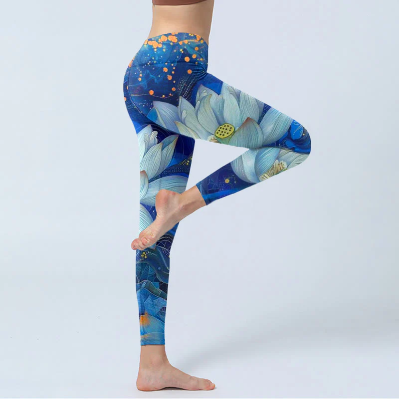 Buddha Stones Blooming White Lotus Pattern Print Gym Leggings Women's Yoga Pants