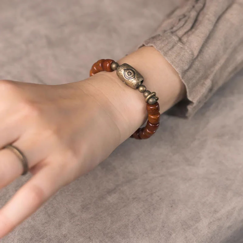 Buddha Stones Bone Beads Dzi Shape Copper Cone Pendant Strength Bracelet