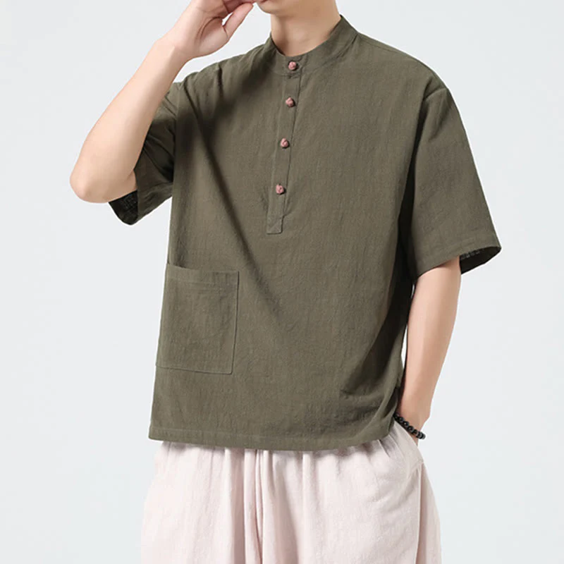 Buddha Stones Casual Half Frog-Button Design Stand Collar Tang Suit Men's Half Sleeve Cotton Shirt With Pocket