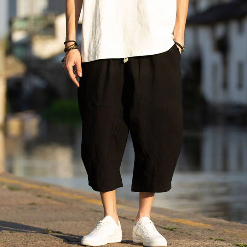 Buddha Stones Summer Plain Pleat Design Drawstring Men's 7-8 Length Cotton Linen Pants With Pockets