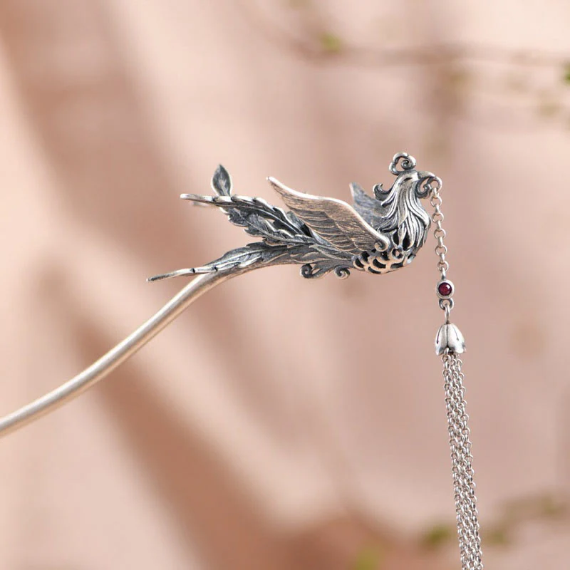 Buddha Stones 925 Sterling Silver Phoenix Tassels Protection Hairpin