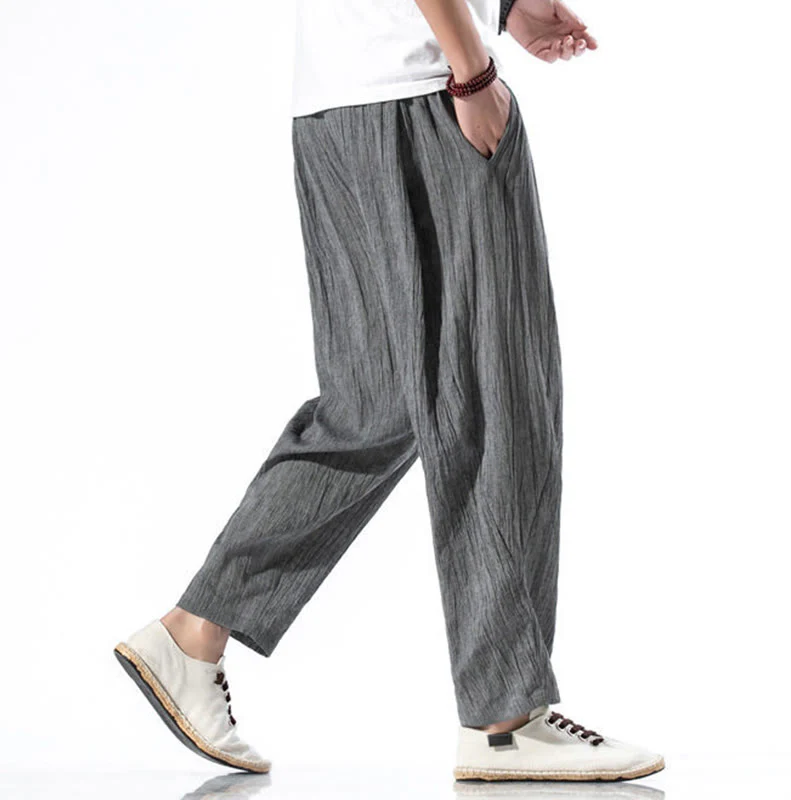 Buddha Stones Casual Plain Pleated Design Drawstring Men's Long Cotton Linen Harem Pants With Pockets
